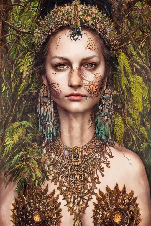 Image similar to oil painting of beautiful fantasy female warrior in the forest, symmetrical face, beautiful face, intricate jewellery, filigree armour, ethnic tattoos, big earrings, shining eyes, crystals, covered in plants, mystical trees, realistic oil painting, baroque, renaissance painting, dramatic, cinematic light, trending on artstation, rule of thirds, highly detailed, 8 k