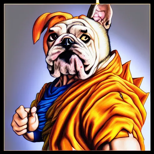 Image similar to ultra realistic portrait painting of a bulldog as super saiyan goku, art by akira toriyama, 4 k, dragon ball artstyle, cel shaded, highly detailed, epic lighting