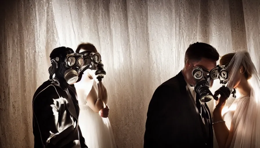 Image similar to disturbing big budget hollywood movie bride and groom wearing gas masks at the marriage of reason and squalor perfect composition dramatic lighting chiaroscuro