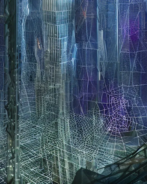 Prompt: synthetic web city with utopian architecture, scifi, complex design, illuminated, masterpiece, forest, metropolis, skyscrapers, metallic webs, cyborgs, artificial intelligence, sunset, energy towers, atmospheric, utopia, mysterious, visible layers, 4 k high definition, artstation, insanely detailed, art by jasza dobrzanski, rob mcnaughton