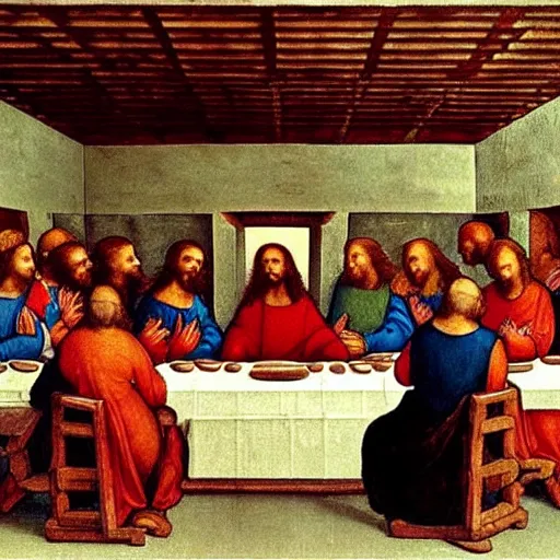 Prompt: in The Last Supper by Leonardo da Vinci, Jesus is eating a large delicious hamburger that has a beef patty, lettuce, and tomato