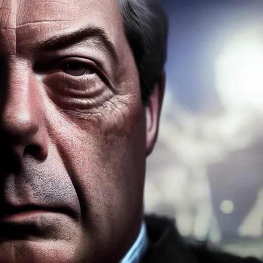 Image similar to Portrait of Nigel Farage in Gears of War, splash art, movie still, cinematic lighting, dramatic, octane render, long lens, shallow depth of field, bokeh, anamorphic lens flare, 8k, hyper detailed, 35mm film grain