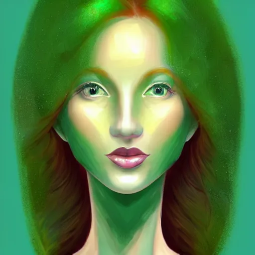 Image similar to an elegant Redhead Pleiadian alien human beautiful hybrid feminine woman, green skin, feminine face, long gorgeous red hair in loose curls, with stunning green eyes, cute face and a roundish nose, as a retrofuturistic heroine, face and body, gorgeous psychedelic digital painting, artstation, concept art, smooth, sharp focus, illustration, art by artgerm and donato giancola and Joseph Christian Leyendecker, Ross Tran, WLOP