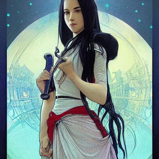 Image similar to portrait of a woman, long black hair, holding sword, in front of a sci fi cityscape, by tetsuya nomura and annie swynnerton, makoto shinkai, alphonse mucha, detailed, cinematic, wide angle, dark sepia toned shading, luminescent eyes, detailed face, expressive eyes, blue fire everywhere, trending on artstation.