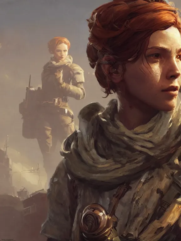 Image similar to portrait of a young female merchant from fallout 4 wearing survival gear, long auburn hair, art by ryo shiotani and greg rutkowski, intricate, beautiful, cute, cinematic lighting