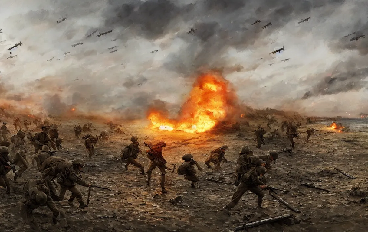 Prompt: A digital painting of Normandy's beach, Second World War, 1945, Soldiers charging the enemy, by Ismail Inceoglu and Caspar David Friedrich, stunning, photorealistic, highly-detailed, bombs, fire, smoke, devastation, 4k, ue5, light effect, rtx on, realistic, cinematic, IMAX quality, trending on artstation