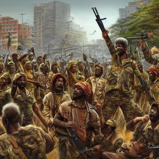 Prompt: a hyperdetailed photorealistic painting of rugged TPLF guerillas taking over Addis Ababa, capital of Ethiopia, while people cheer, featured on artstation