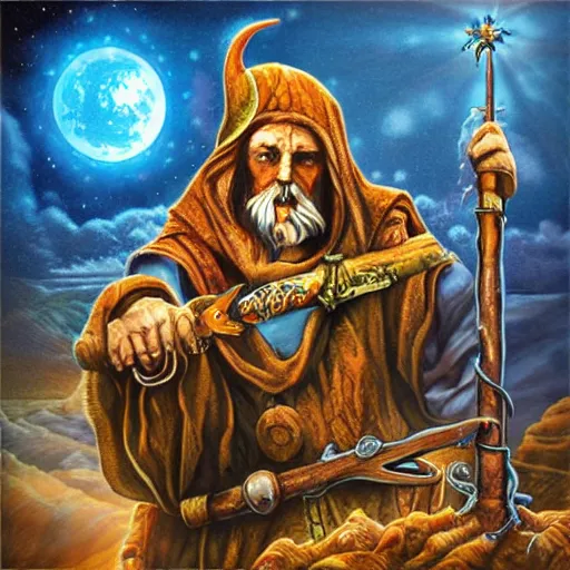 Image similar to Album Cover of wizard on a mountaintop holding a magical staff, 80’s, metal, airbrush art, High Quality, Fantasy