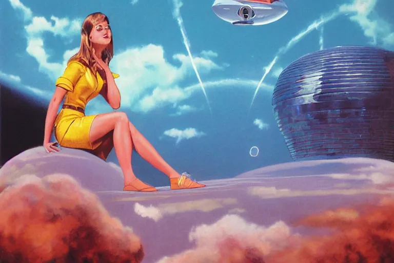 Image similar to a beautiful girl relaxing on a cloud by angus mckie, portrait,