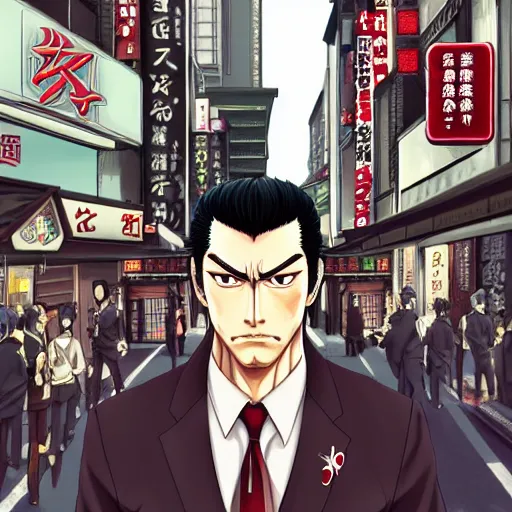 Image similar to portrait of kazuma kiryu standing in the street of kamurocho, anime fantasy illustration by tomoyuki yamasaki, kyoto studio, madhouse, ufotable, trending on artstation