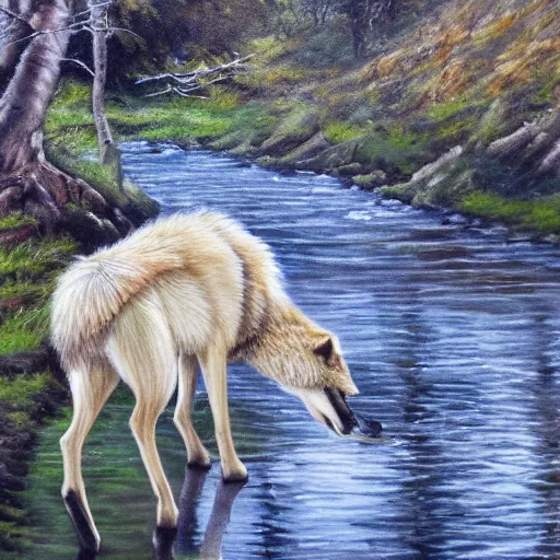 Image similar to A majestic and beautiful wild wolf out by a river with its head down taking a drink from the stream while it's ears are up and alert listening for danger with trees behind it, set in warm spring where it is sunny and windy, award winning, oil painting, 8k