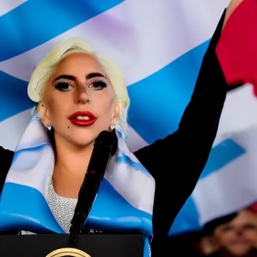 Image similar to Lady Gaga as president, Argentina presidential rally, Argentine flags behind, bokeh, giving a speech, detailed face, Argentina