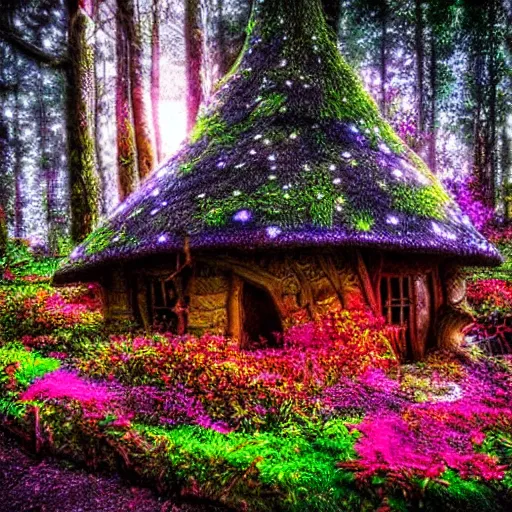 Prompt: mushroom house in an enchanted forest full of luminous flowers, the light from the flowers is great, hdr