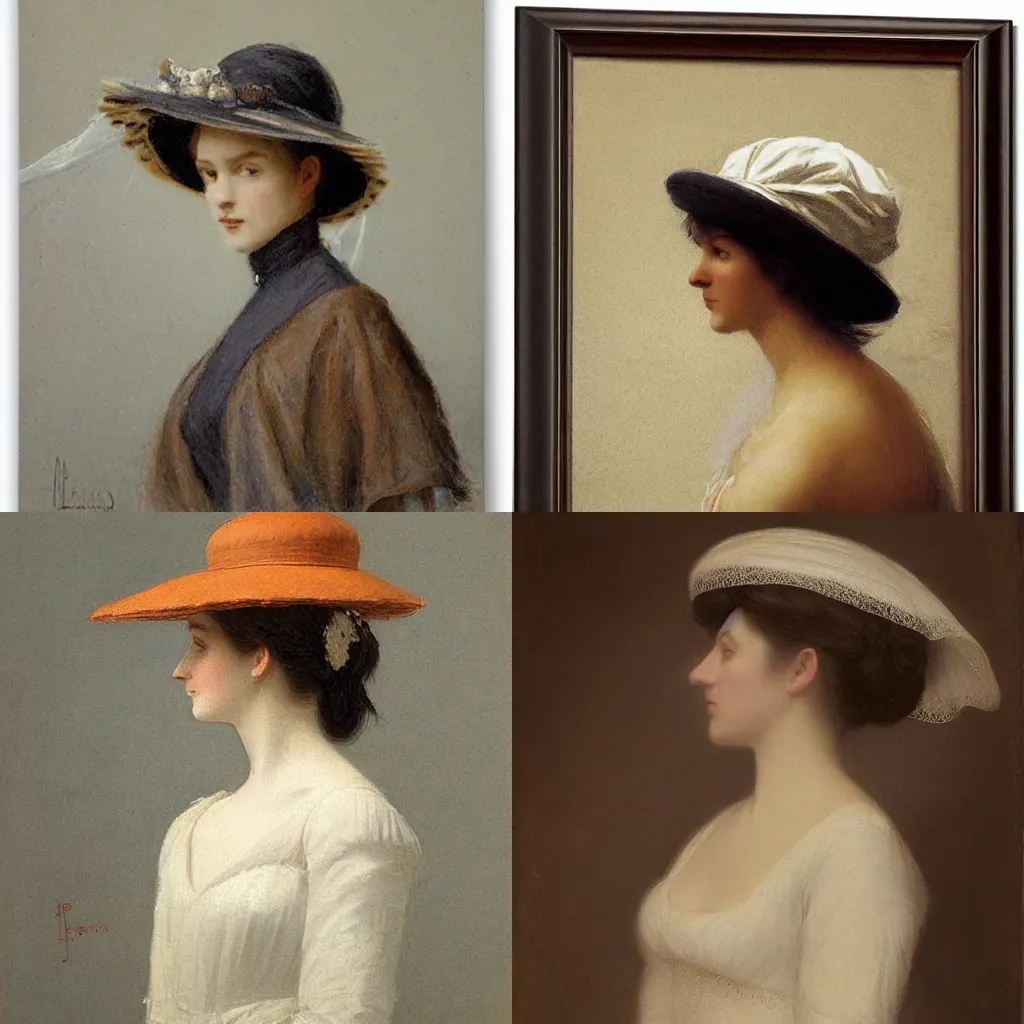 Image similar to woman with hat, side view, wedding dress, by jules - joseph lefebvre