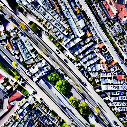 Prompt: top-down bird's eye photo of a city street.