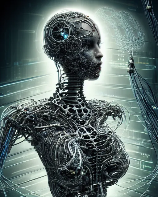 Prompt: portrait photo of a biomechanical torso of an elegant cyborg plugged into a quantum computer with cables and wires and optic fibers. cyberpunk horror style. art by luis royo. highly detailed 8 k. intricate. nikon d 8 5 0 5 5 mm. award winning photography.