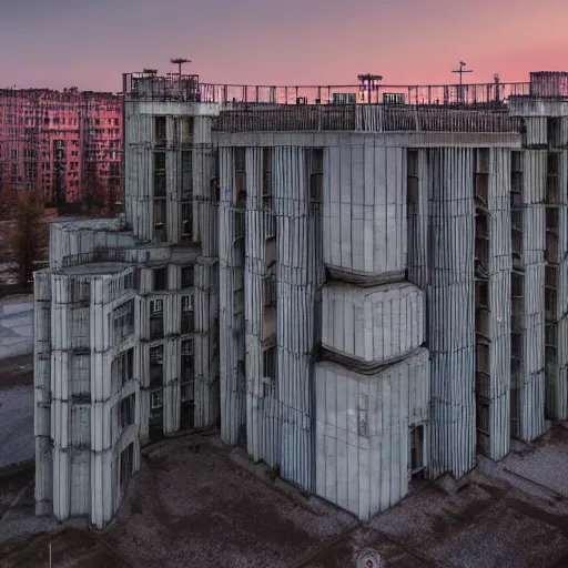 Image similar to a wide shot of a soviet beautiful brutalist monumental multi - building complex, with many rounded elements sprouting from the base tower creating a feel of an organic structure, photography shot at blue hour