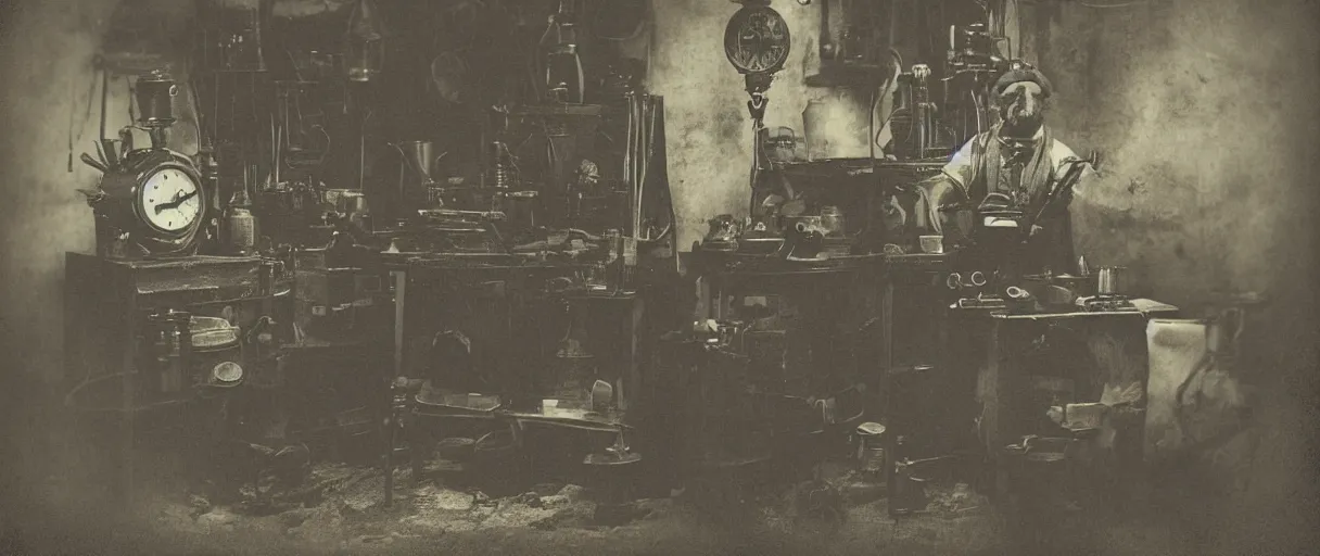 Image similar to detailed daguerreotype of a honey badger as watchmaker in workshop, steampunk laboratory, vintage style, wet collodion, steampunk, sepia, monochrome black and white, artistic photo from late xix century, high resolution, dark atmosphere