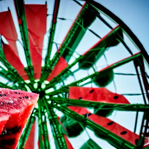 Image similar to a watermelon ferris wheel, tilt - shift photography, perspective - control lens, bokeh