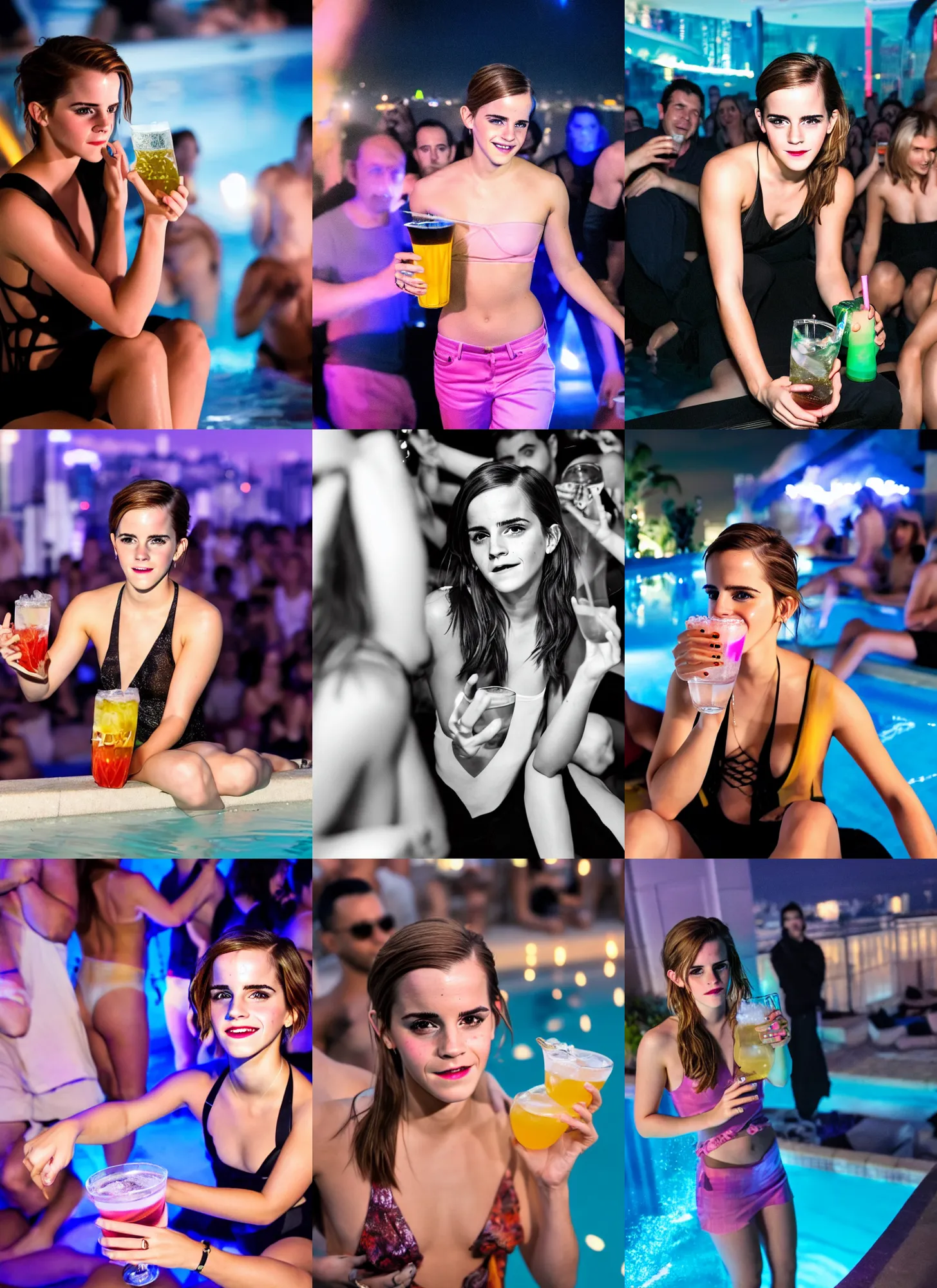 Prompt: emma watson holding a drink, having fun being the center of attention, in a penthouse pool party at night. sensual, hyper realistic picture. cyberpunk illumination. canon eos r 3, f / 1. 4, iso 2 0 0, 1 / 1 6 0 s, 8 k, raw, unedited, symmetrical balance, in - frame