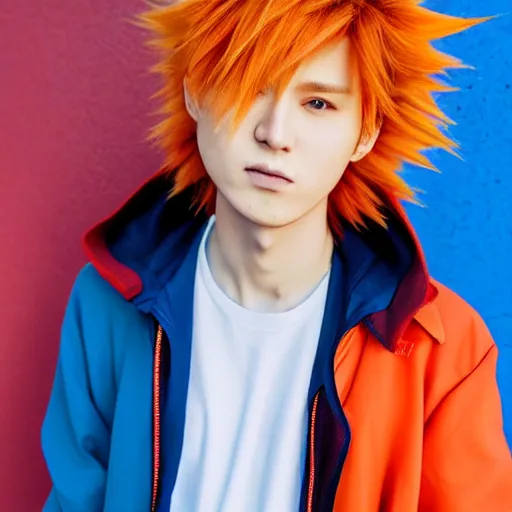 Image similar to orange - haired anime boy, 1 7 - year - old anime boy with wild spiky hair, wearing blue jacket, battle aura, in front of ramen shop, strong lighting, strong shadows, vivid hues, raytracing, sharp details, subsurface scattering, intricate details, hd anime, high - budget anime movie, 2 0 2 1 anime