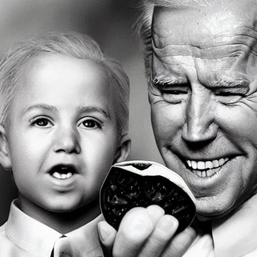 Image similar to joe biden is surprised by a watermelon, photographed by anne geddes, trending on artstation,