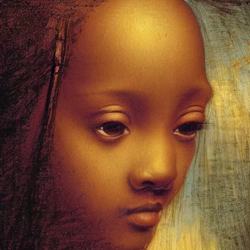 Prompt: a painting of a beautiful African girl by Leonardo da Vinci . dramatic angle, ethereal lights, details, smooth, sharp focus, illustration, realistic, cinematic, artstation, award winning, rgb , unreal engine, octane render, cinematic light, macro, depth of field, blur, red light and clouds from the back, highly detailed epic cinematic concept art CG render made in Maya, Blender and Photoshop, octane render, excellent composition, dynamic dramatic cinematic lighting, aesthetic, very inspirational, arthouse.