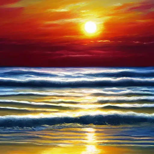 Prompt: sea, wavy, sun at dawn reflecting on the sea cloudy oil painting 4 k