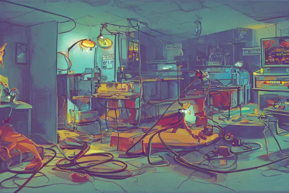 Prompt: mouse in a neon basement, by john kricfalusi and syd mead