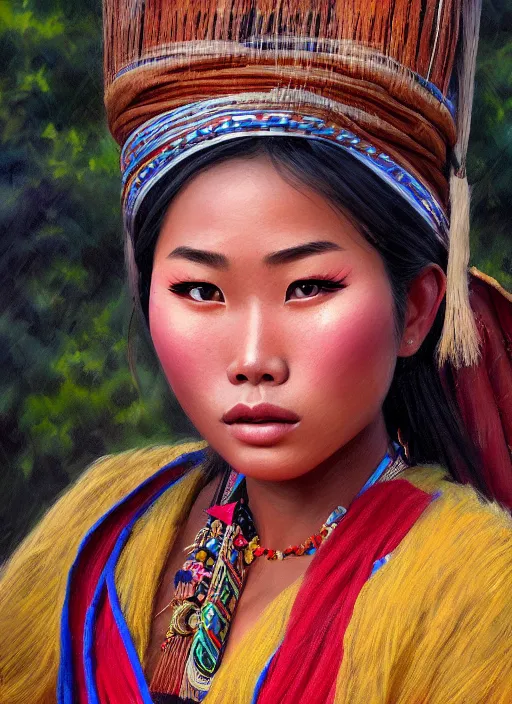 Image similar to portrait of a beautiful teen tai ethnic north thailand, closeup portrait, historical, ethnic group, traditional costume, elegant, loin cloth, highly detailed, oil painting, artstation, concept art, matte, sharp focus, illustration, hearthstone, art by earl norem