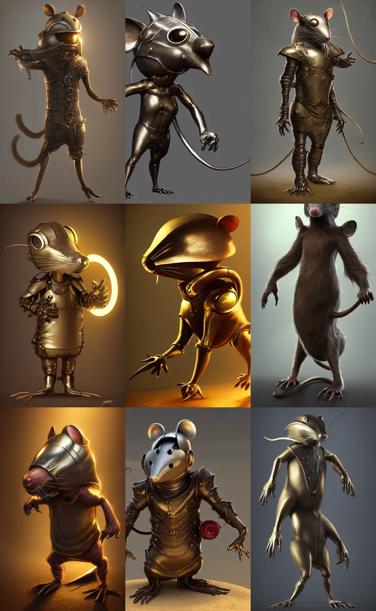 Prompt: full - body anthropomorphic rat with highly detailed metallic shining helmet with large halo by jon peterson, cinematic technology woodland lighting, god rays, character concept art