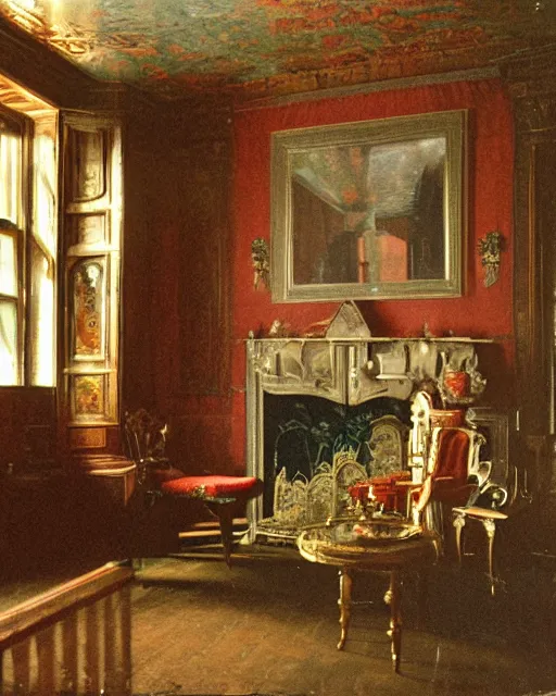 Image similar to the interior of an old manor in devonshire that is probably haunted, delicate embellishments, painterly, offset printing technique, photographed on kodachrome by brom, robert henri, walter popp