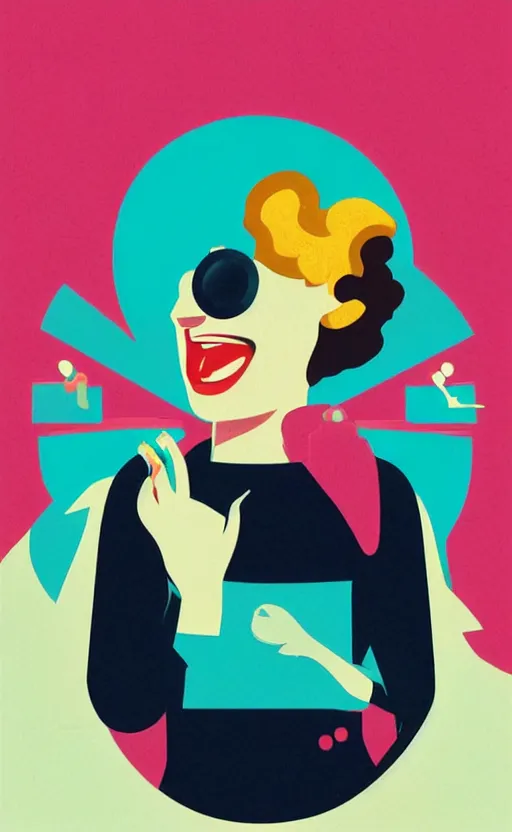 Image similar to illustration with a modern woman with short hair laughing out loud, art deco painting by tom whalen, funny meme photo, trending on behance, digital illustration, storybook illustration, grainy texture, flat shading, vector art, airbrush, pastel, watercolor, poster