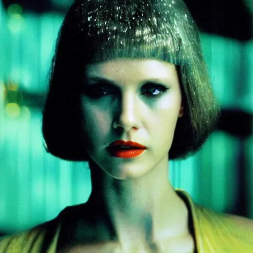 Image similar to close up portrait of rachael tyrell from blade runner at tyrell headquarters photographed by annie leibovitz, cyberpunk, colorful!, nighttime!, raining!