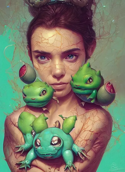 Image similar to beautiful portrait of bulbasaur, by Tristan Eaton, Stanley Artgermm, Tom Bagshaw, Greg Rutkowski, Carne Griffiths. trending on DeviantArt, face enhance, hyper detailed, trending on Artstation, 8k, masterpiece, graffiti paint, fine detail, full of color, intricate detail, golden ratio illustration