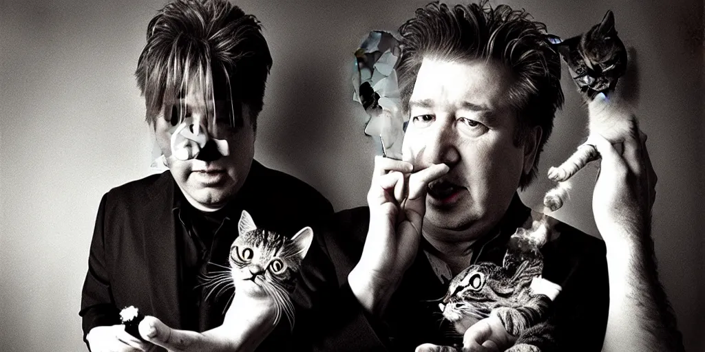 Prompt: award winning photo of BILL HICKS, david lynch, cute cat, smoking weed in new york, vivid colors, happy, symmetrical face, beautiful eyes, studio lighting, wide shot art by gregory crewdson, Sally Mann & Arnold Newman