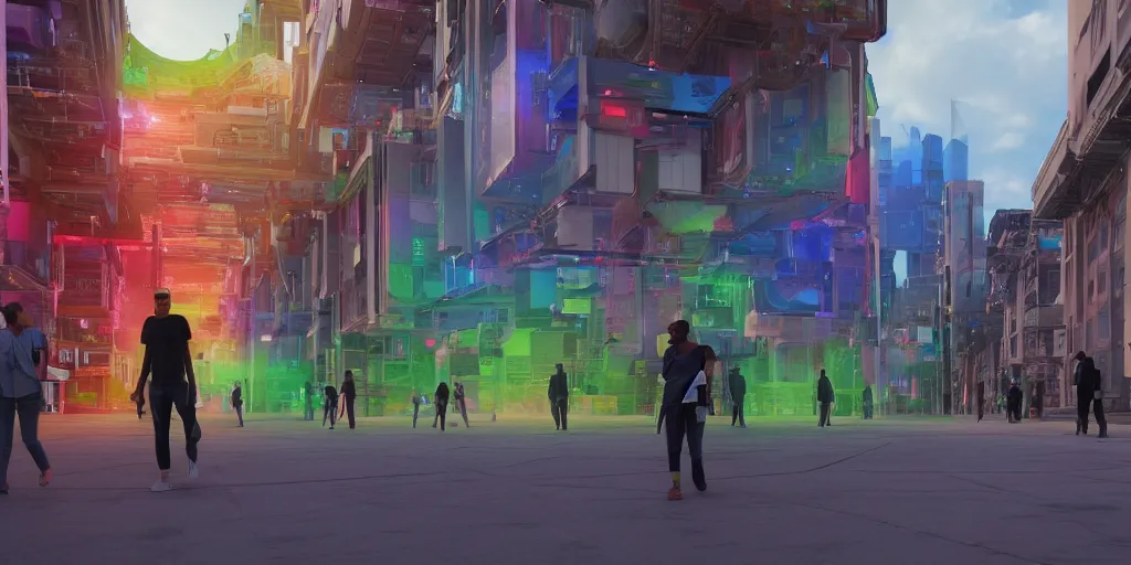 Image similar to A colorful science fiction neigbourhood, in the future. The walls change colour and shape depending on the clothing of the people walking in front of them, epic lighting, 8K, Rendered in Cinema4D, 8K 3D, CGSociety, ZBrush, volumetric light, lightrays, wide angle shot, atmospheric, octane