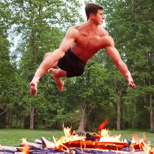 Image similar to male college gymnasts performing stunts around a campfire