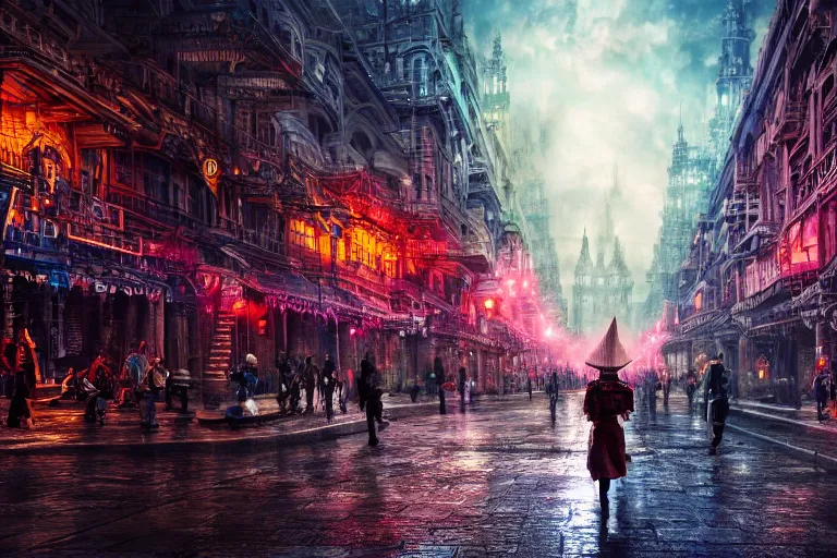 Prompt: . a city that runs on industrialized magic, a secret war will be fought to overwrite reality itself photo - realistic hd, hyperrealism, colourful, highly detailed, cinematic, luminescence, 3 2 k, dop, high contrast, intricate, mystery, epic, fantasy