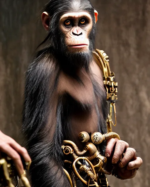 Prompt: Jared Leto As the Chimpanzee Cornelius in The Planet of the Apes, he is wearing a Steampunk androgynous victorian era dress designed by Sandy Powell, Studio Lighting, Highly detailed Chimpanzee facial prosthetics by Rick Baker, Studio Lighting, Shot in the Style of Annie Leibovitz