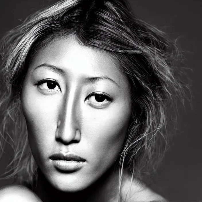 Image similar to photography face portrait on a tropical background of a beautiful woman like dichen lachman, black and white photography portrait, skin grain detail, high fashion, 8 k, ultra sharp focus, studio lighting film noir style photography, by richard avedon, and paolo roversi and nick knight, and hellmut newton,