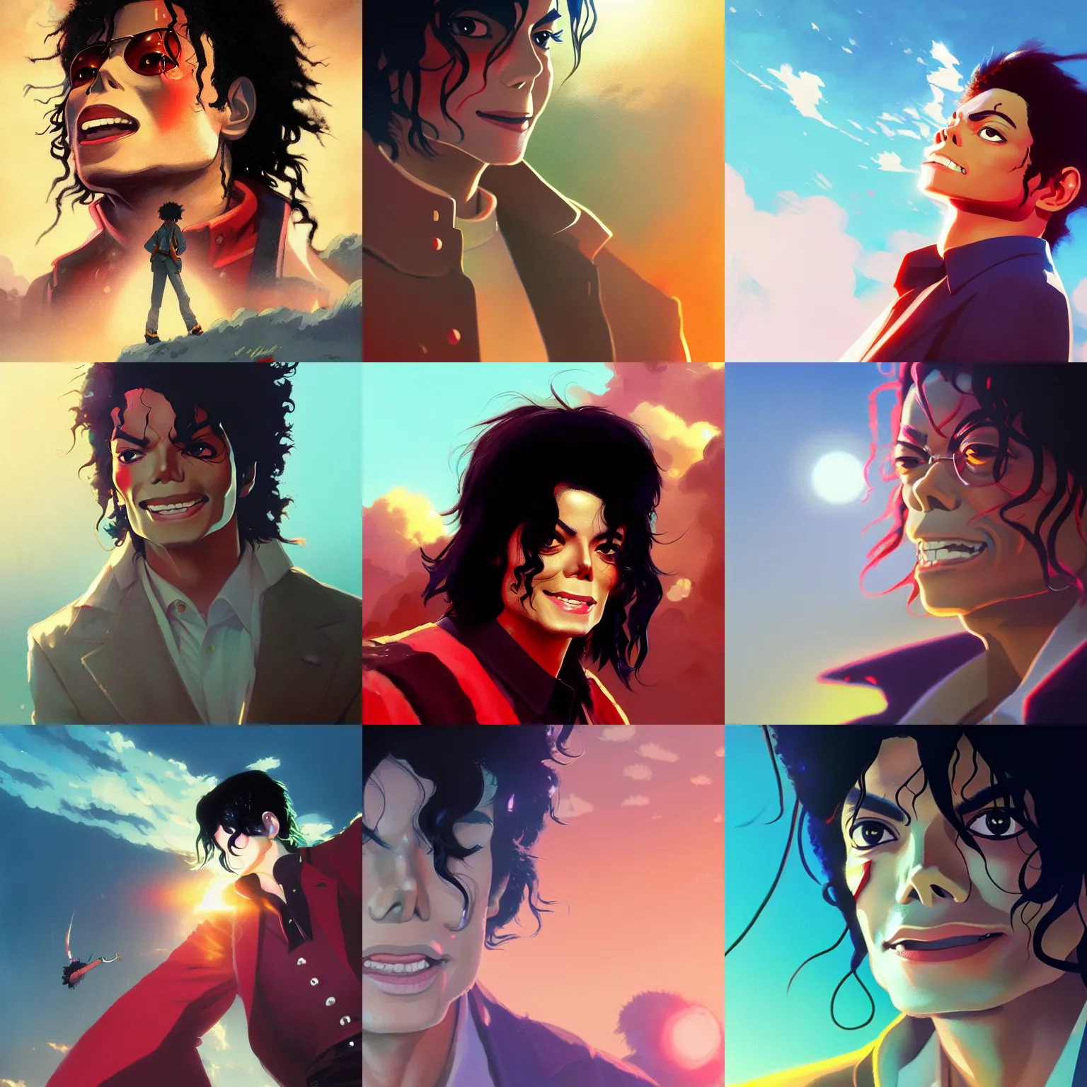 Prompt: A close up of michael jackson, Studio Ghibli, sunny sky, animated, anime, illustrated, vibrant, by Greg Rutkowski, dungeons and dragons on artstation