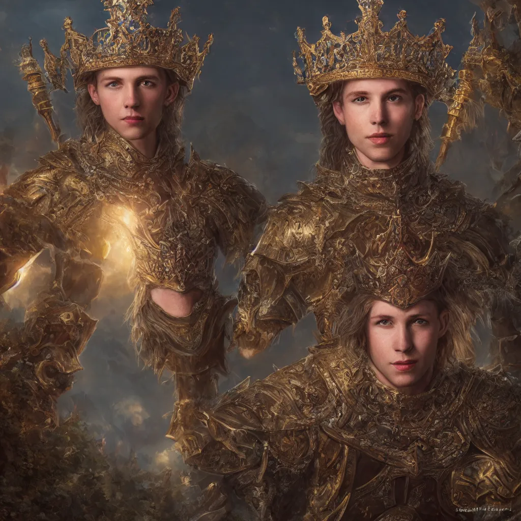 Prompt: Tristan Fulcher wearing a crown, highly detailed, 8k, hyper, dramatic, adventure game, D&D, fantasy art by joseph karl stieler, global illumination, radiant light, detailed and intricate environment