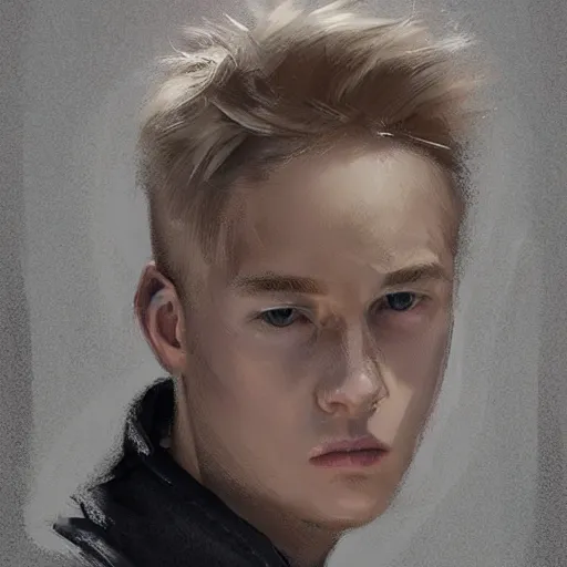 Image similar to Portrait of a man by Greg Rutkowski, he is about 20 years old, west slav features, short blonde hair with bangs, attractive, smart looking, slim, somewhat androgenic, he is wearing a white and black utilitarian jumpsuit, highly detailed portrait, scifi, digital painting, artstation, concept art, smooth, sharp foccus ilustration, Artstation HQ