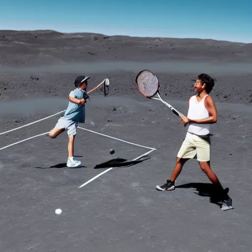 Prompt: people playing tennis on the surface of the moon with the planet earth in the background