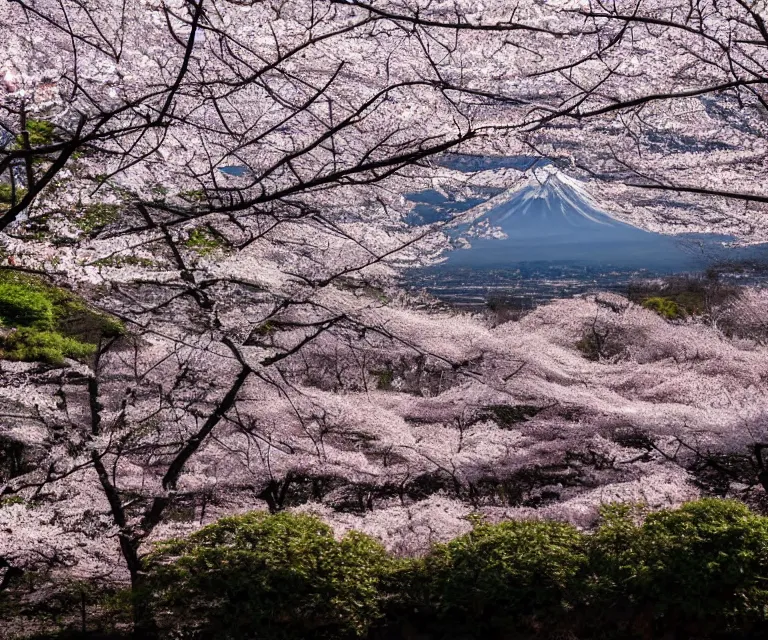 Image similar to a photo of mount fuji, over a sakura forest, seen from a window of a train. beautiful!