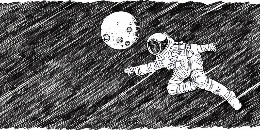 Image similar to ink lineart drawing of a lone female astronaut floating in space, wide angle, space background, artstation, etchings by goya, chinese brush pen, illustration, high contrast, deep black tones contour