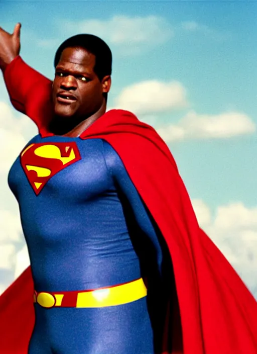 Image similar to film still of Shaquille O'Neal as Superman in Superman, 4k