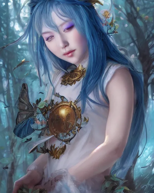 Image similar to stunningly beautiful female blue hair, cute korean actressr, fantasy art, fae priestess, lush dark forest landscape, fireflys at night, sharp focus, digital painting, 8 k, concept art, art by wlop, artgerm, greg rutkowski and alphonse mucha