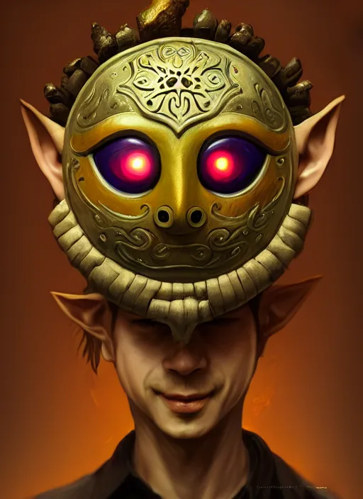 Image similar to happy mask salesman with majora's mask, fantasy, intricate, elegant, highly detailed, digital painting, artstation, concept art, wallpaper, smooth, sharp focus, illustration, art by wlop